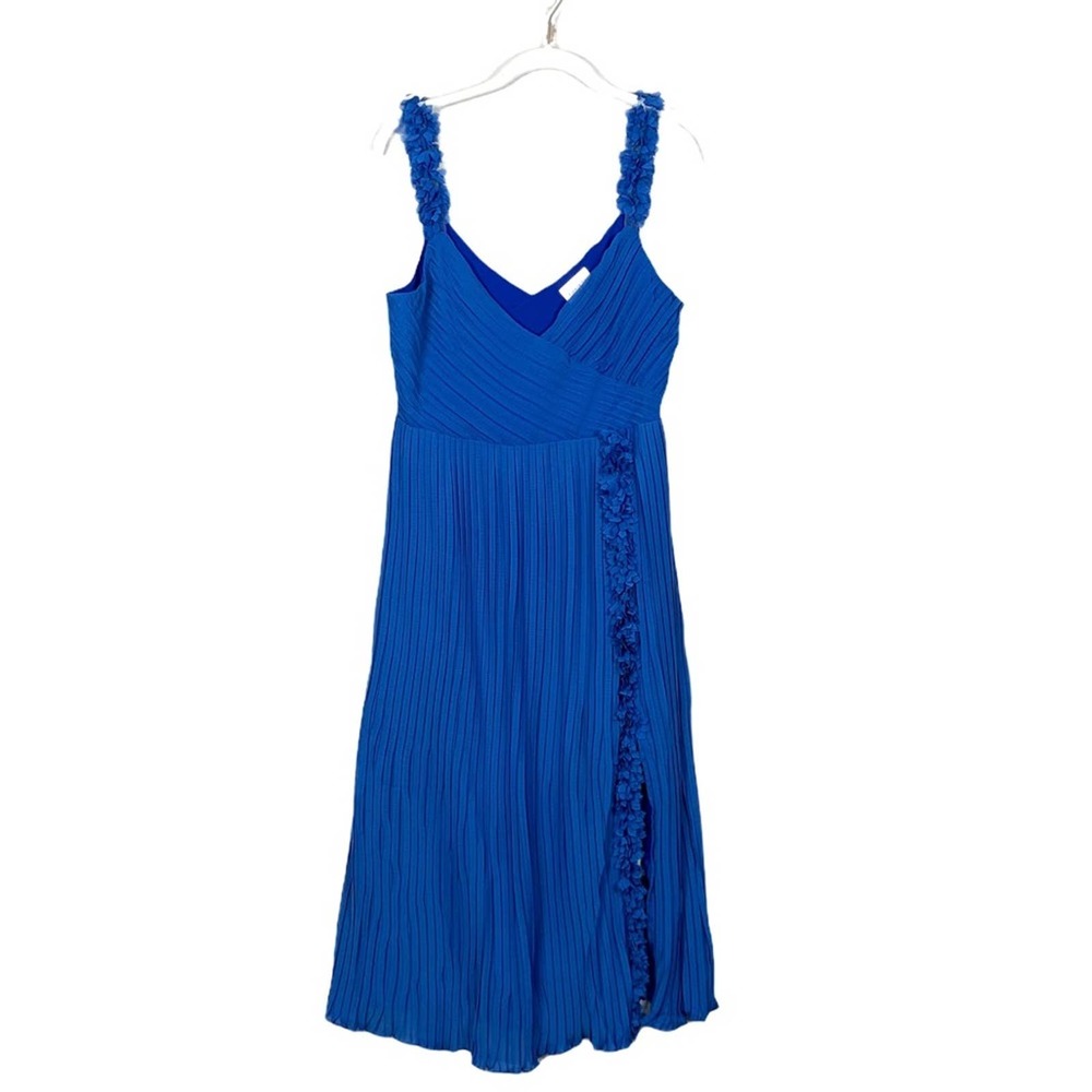 FOXIEDOX Pleated Front Slit Midi Cocktail Dress Women's M Blue - Picture 5 of 11